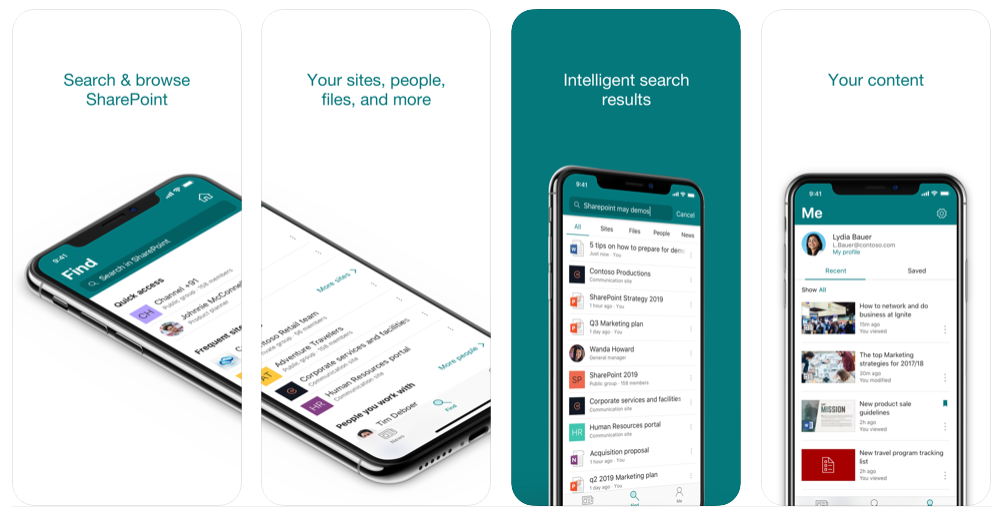 Images of SharePoint mobile app displaying screens and lists.