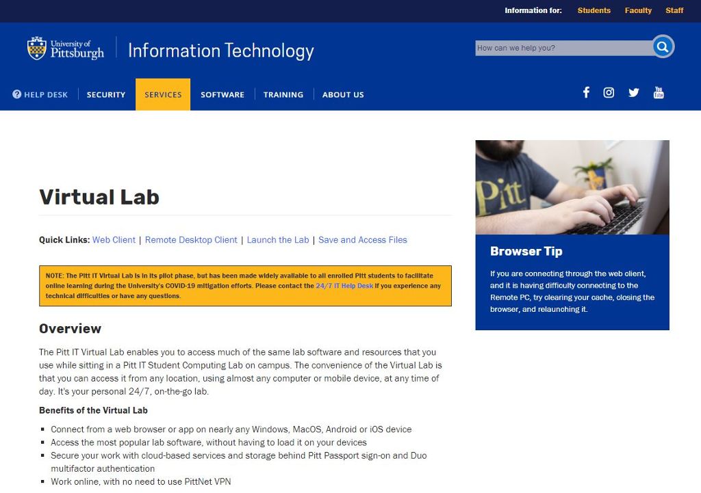 Screen shot of Pitt IT Virtual Student Computing Lab web page on technology with an image of a person on a computer.